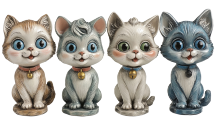 Set of Four Adorable Cat Figurines Isolated on White Generative AI