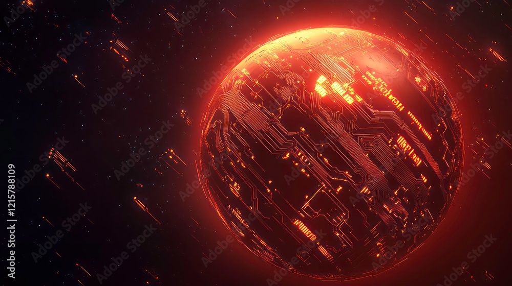 Poster Glowing red circuit sphere in dark space.