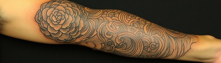 Forearm tattoo rose & waves. Art, body modification