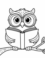 Owl Reading a Book: An owl wearing large glasses sits on a tree branch with a thick book open. coloring book, page for children