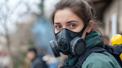 Canadian woman wearing gas mask to protect breath from smoke coming from a burning house