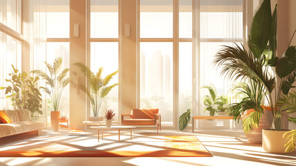 Open-plan living space featuring elegant furniture and a stylish city view.