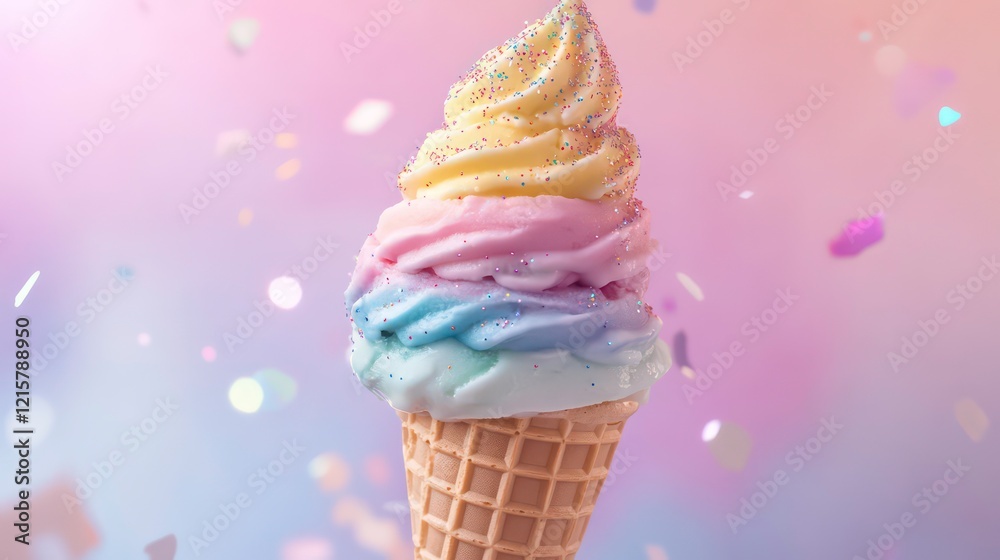 Poster rainbow soft-serve ice cream cone with sprinkles against pastel background.