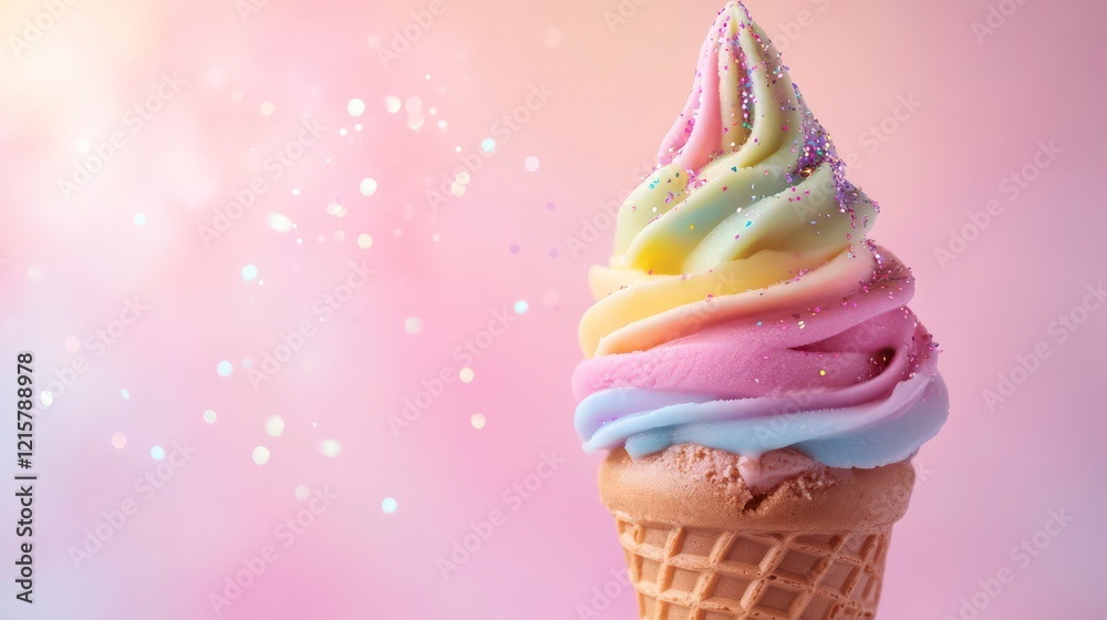 Poster rainbow soft-serve ice cream cone with sprinkles on a pastel background.