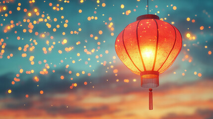 Obraz premium A radiant red lantern floats in the twilight sky, surrounded by golden stars. The gradient hues of blue and orange add a celebratory ambiance, symbolizing Chinese New Year joy.