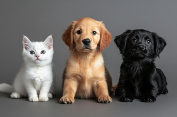 Adorable Companions: A Playful White Cat, an Affectionate Golden Puppy, and a Charming Black Puppy Posing Together on a Gray Background, Perfect for Pet Lovers and Animal Enthusiasts