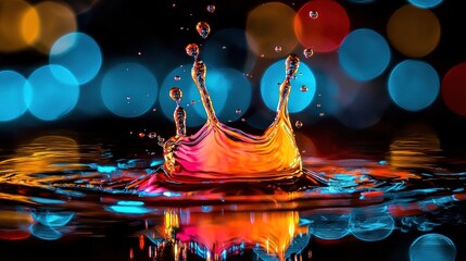 Vibrant Water Drop Splash Crown: Abstract Night Photography