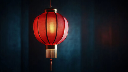 A single red lantern hangs prominently against a dark background, its sleek, minimalist design and vibrant red tone evoking the joy and traditions of Chinese New Year celebrations.