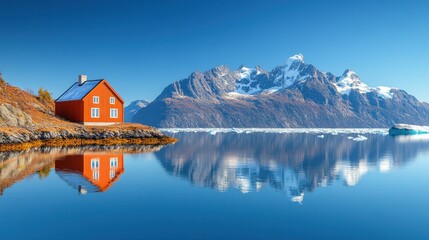 Fototapeta premium Red house, fjord reflection, mountains, icebergs, autumn