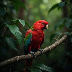 Fototapeta premium Vibrant Red Parrot Perched on Branch in Lush Tropical Forest