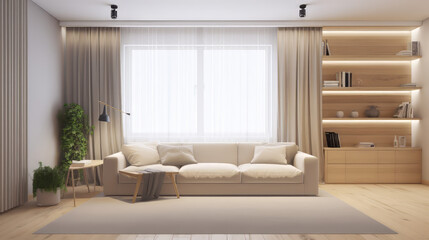 A minimalist kitchen featuring polished marble floors, natural wood cabinets