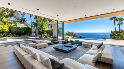 Fototapeta premium A bright living room with expansive windows offering stunning views of the tropical landscape.