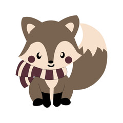 illustration of a fox sitting while wearing a warm maroon scarf. vector animal cartoon isolated on white background