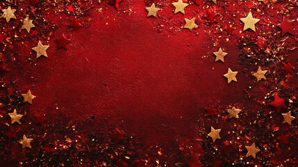 A festive red background with golden stars and beautifully wrapped gifts creates a joyful tone for holiday banners or seasonal advertising concepts.