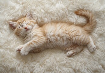 Fototapeta premium Adorable Ginger Kitten Sleeping Peacefully on Soft White Fur Rug, Capturing the Essence of Feline Relaxation in a Warm and Cozy Environment