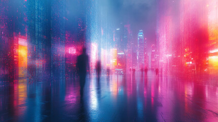 Obraz premium Digital abstract cityscape background with glitchy pixelated electric blues, purples, greens, pinks, whites, and turquoise in a minimalistic bright tone with empty blank caption space on the side