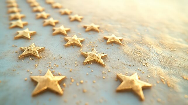 Golden stars scattered on light blue textured background.