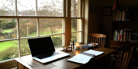Fototapeta premium Laptop, books, candlelight study, garden view. Peaceful workspace