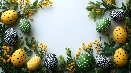 Easter frame for greeting card with decorative gren yellow ornaments, Generative AI