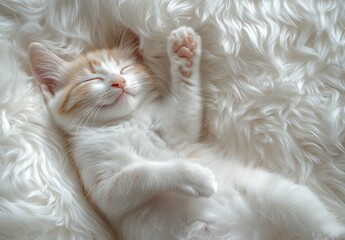 Obraz premium Adorable Sleeping Kitten with Soft Fur Lying on Cozy White Blanket in a Peaceful and Serene Environment Captured in Natural Light