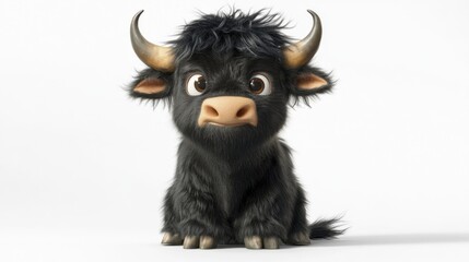 Naklejka premium Cute adorable cartoon baby bull with big eyes and fluffy black fur