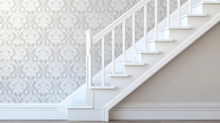 White Staircase Against Grey Damask Wallpapered Wall