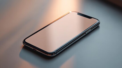 a blank smartphone screen tilted slightly upwards against a clean background