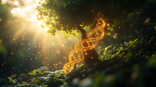 Golden DNA Helix Tree in a Magical Forest &ndash; Science and Nature Fusion
