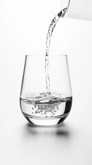 minimalist high-detail shot of water pouring into a centered clear glass on a white background