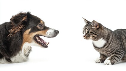 Obraz premium Close Encounter Between a Playful Dog and a Curious Cat Showcasing Interactions Between Different Pets in a Studio Setting with White Background