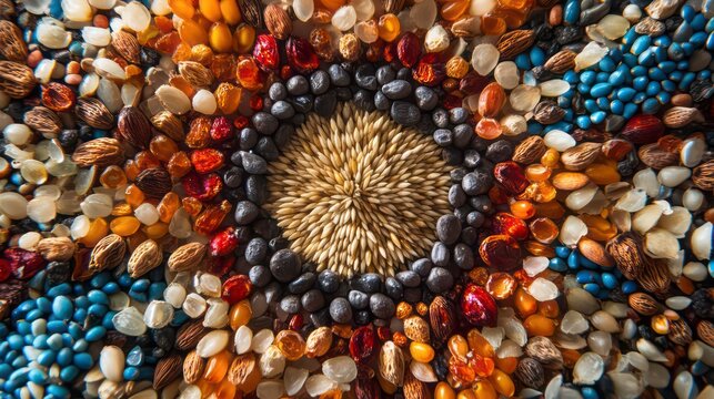 Colorful seeds and grains arranged in a circular pattern, forming a mandala-like design.