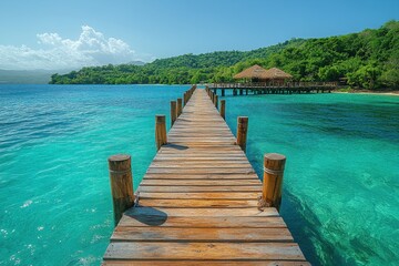 Obraz premium Wooden Pier Extending into the Sea on a Tropical Island