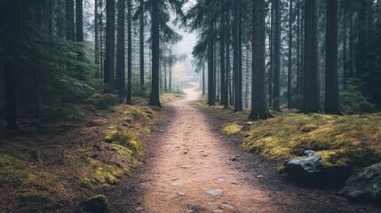 Naklejka premium Misty Forest Path: A Serene Autumnal Walk