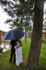 bride and groom obscured by an umbrella