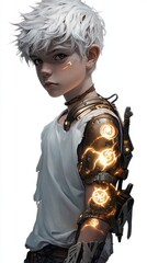 Young Boy With White Hair And Robotic Arm