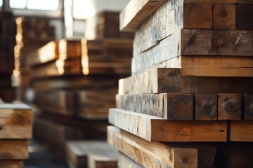 Fototapeta premium Stacked lumber in a warehouse.