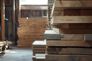 Obraz premium Stacked lumber in a wood workshop.