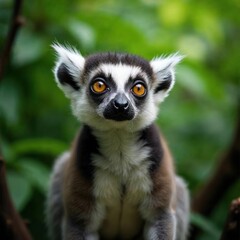 Fototapeta premium Close-up Portrait of a Ring-Tailed Lemur in Lush Foliage