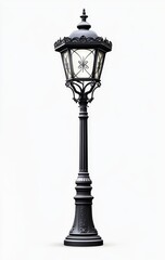 Elegant black ornate street lamp post with glass lantern.