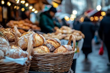 Fresh artisan bread in wicker baskets at a bustling market.