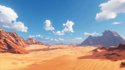 Naklejka premium Sunny desert landscape with sandstone mountains and blue sky.
