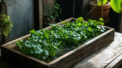 Tranquil Indoor Garden: Lush Green Water Plants in Rustic Wooden Box