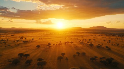 Fototapeta premium African Savanna Sunset: Golden Hour Aerial View