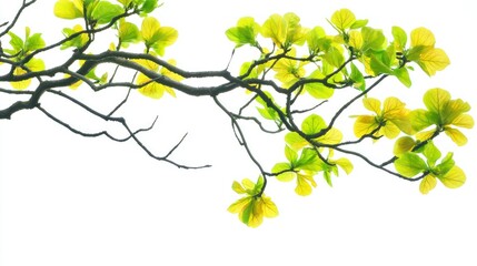 Obraz premium Delicate Branch with Vibrant Green Leaves on a Bright White Background