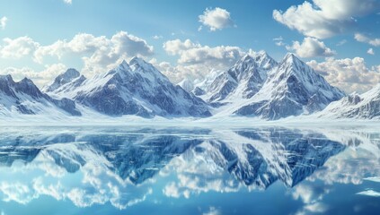 Obraz premium Majestic snow-capped mountains reflected in a serene, icy lake under a vibrant blue sky.