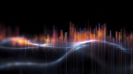 Futuristic digital landscape with vibrant light patterns and data visualization