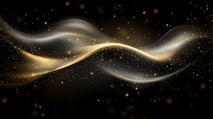 Digital background with flowing gold, silver, and white data waves glowing with light particles on a dark backdrop, featuring a modern minimalistic style and empty blank space for captions

