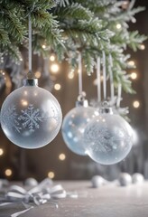 Frosted glass ornaments with sparkling snowflakes and ribbons, classical, frozen