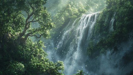 Lush green forest waterfall cascading down mossy rocks.