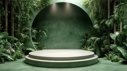 Design a minimalist round stage with a sleek podium for product display, set against a lush green natural-themed background, blending simplicity and elegance to create an inviting space 
